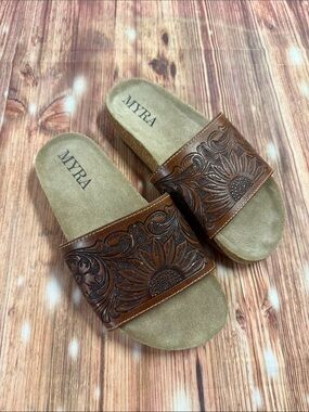 Myra Bag Women's Brown Embossed Leather Slide Sandals